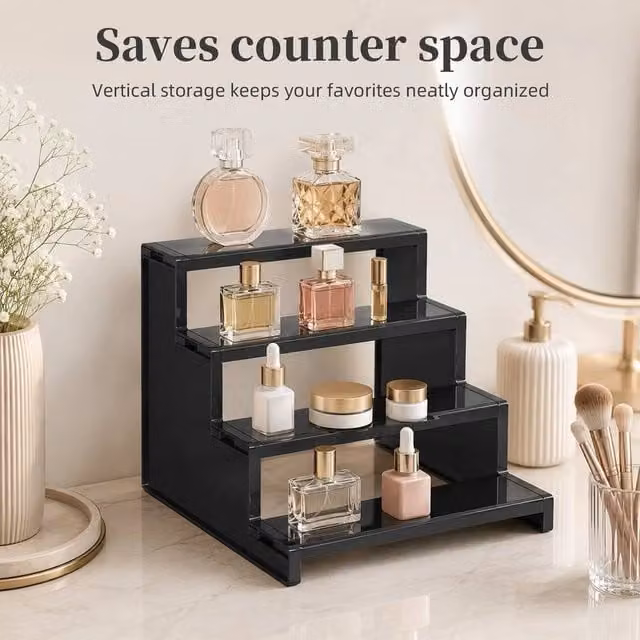 EONLION 4 Tier Step Display Stand Organizer Riser Shelf, Black