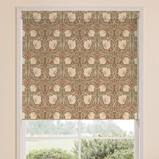 William Morris Pimpernel Translucent Made To Measure Roller Blind in Brick Red Multicolour Floral Design