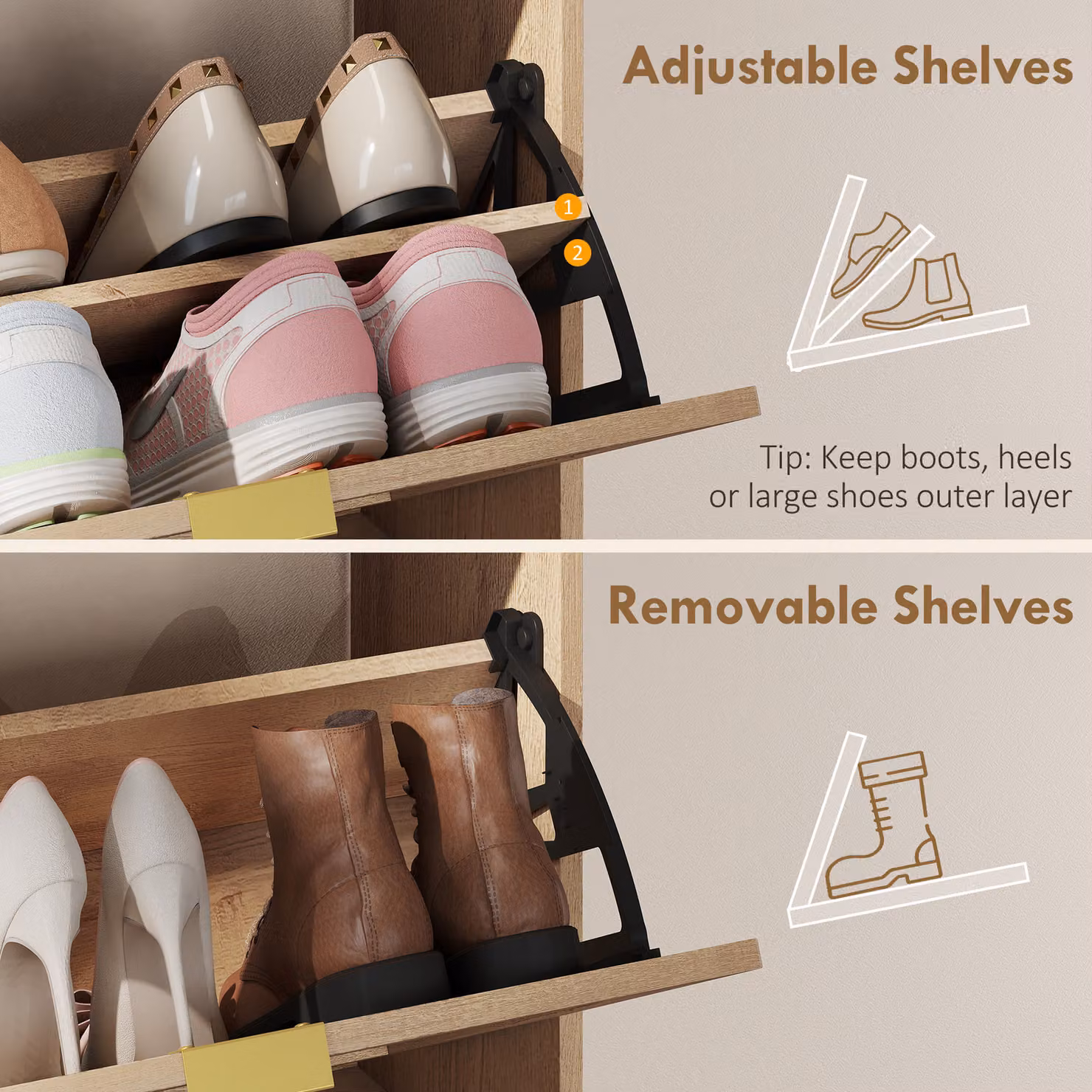 HOMCOM Modern Shoe Cabinet with Tilting Compartments and Open Shelf in Brown, Black and Gold – 3