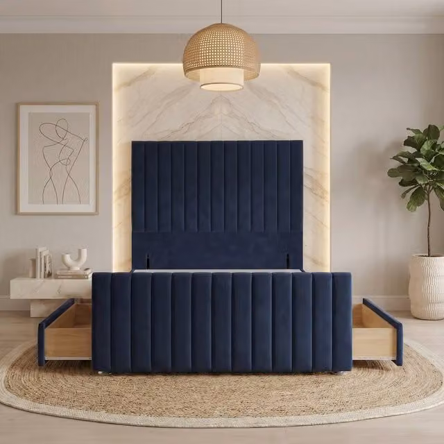 Somnior Eleanor Velvet Divan Base with 4 Drawers, 54 inch Headboard and 22 inch Footboard, Blue, W/D/H: 200 x 200 cm, Super King