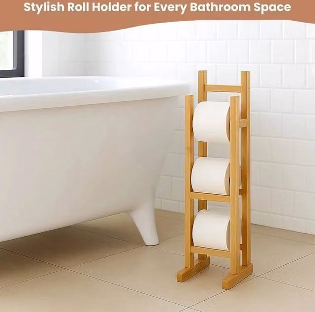 EONLION Free Standing Bamboo Toilet Roll Storage Holder in Brown