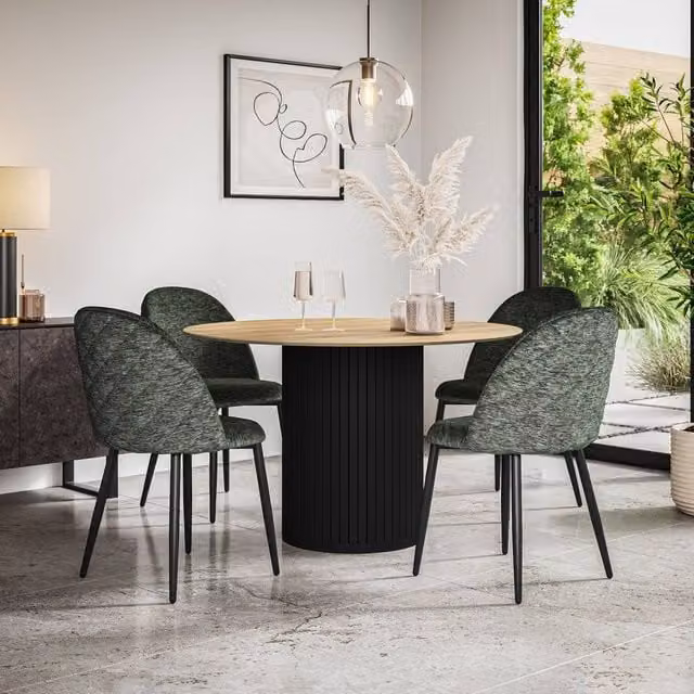 More4Homes Arlo Oak Round Dining Table with Black Legs and Set of 4 Raye Green Velvet Dining Chairs, W/D/H: 120 x 120 x 75 cm – 1