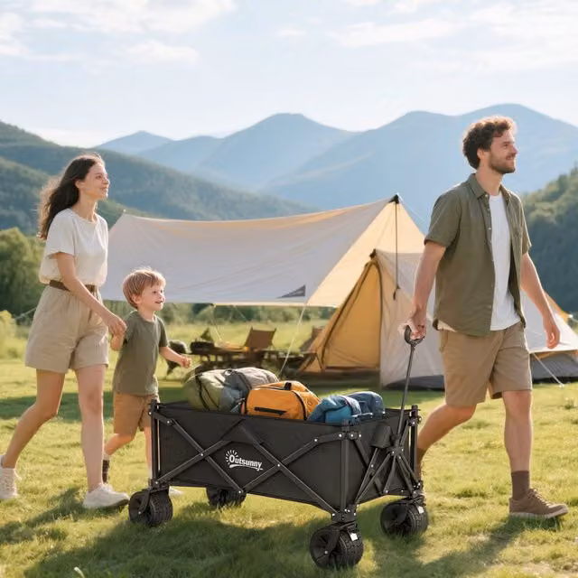 OUTSUNNY Foldable Garden Cart Outdoor Utility Wagon with Carry Bag in Black – 1
