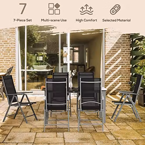 Outsunny 7 Piece Garden Dining Set with Glass Top Table and 6 Black Folding Chairs – 3