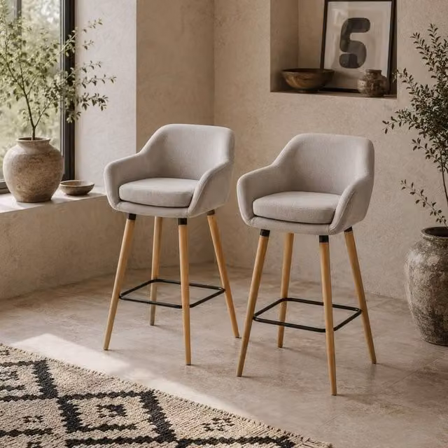 Wyld Haus Dottira Beige Fabric Bar Stools Set of 2 with Wood Legs