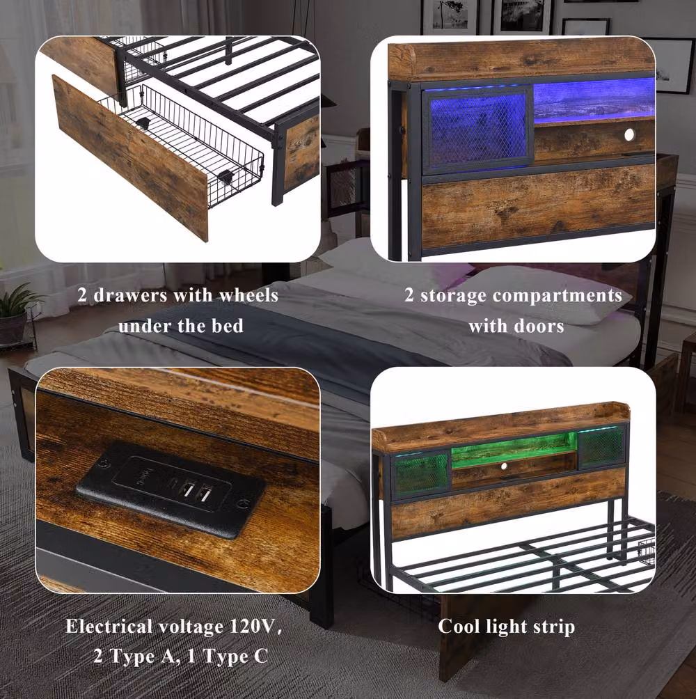 STILVORA Double Metal Bed with LED Lighting, Drawers and USB Charging Ports in Black, W/D/H: 140 x 200 cm – 6