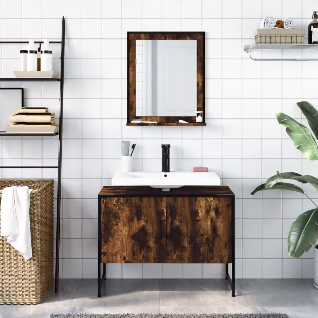 Berkfield Home 2 Piece Brown Smoked Oak Industrial Wall Mounted Bathroom Mirror Cabinet Set – 3