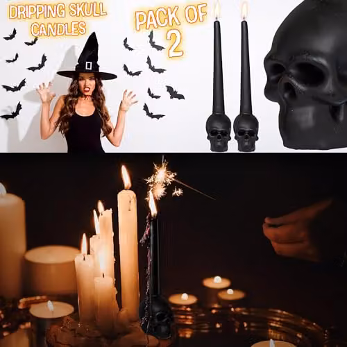 Deco Express Pack of 2 Black Skull-Shaped Tapered Unscented Gothic Candles – 3