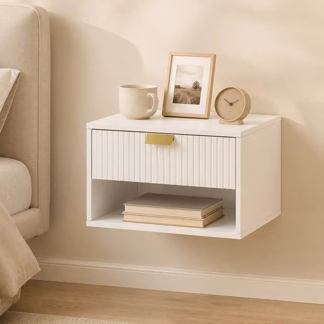 STILVORA White Wall-Mounted Bedside Cabinet with Drawer and Shelf – 1