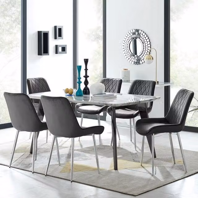 FurnitureboxUK Andria Marble Effect Rectangular Dining Table with Black Legs and 6 Pesaro Silver Velvet Chairs