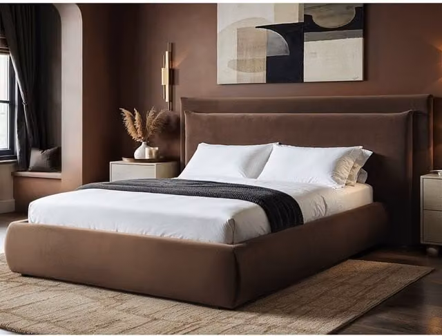 Solace+Co Sigrid Modern Upholstered Velvet Ottoman Bed with Cushion Headboard in Brown, 140 x 200 cm