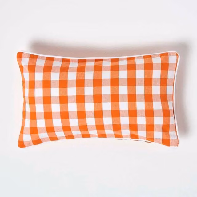 Homescapes Orange Checked Cotton Gingham Rectangular Cushion Cover W/D/H: 50 x 50 x 1 cm