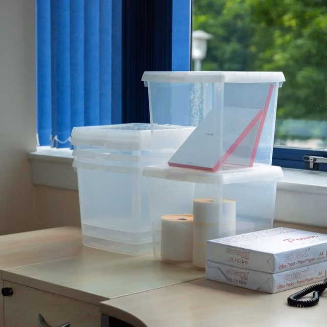 Wham 5 x 14L Square Plastic Storage Boxes with Lids, Transparent and White