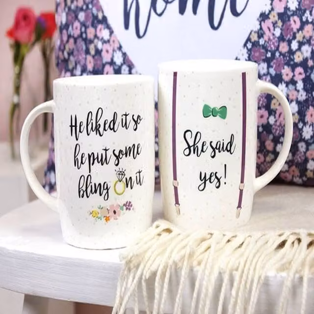 Uniqueful Set of 2 She Said Yes Bone China Mugs in White and Multicolour – 1