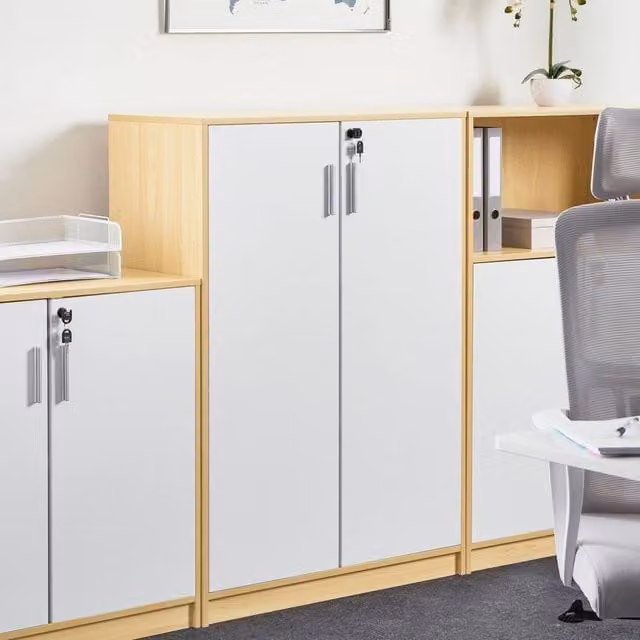 Wyld and Coco Modern Lockable 2 Door Archive Shelving in Brown and White, W80 x D40 x H117 cm