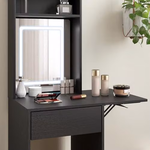 HOMCOM Modern Black Drop Leaf Dressing Table with Hollywood LED Mirror and Storage Shelves, W/D/H: 152 x 45 x 45 cm – 4