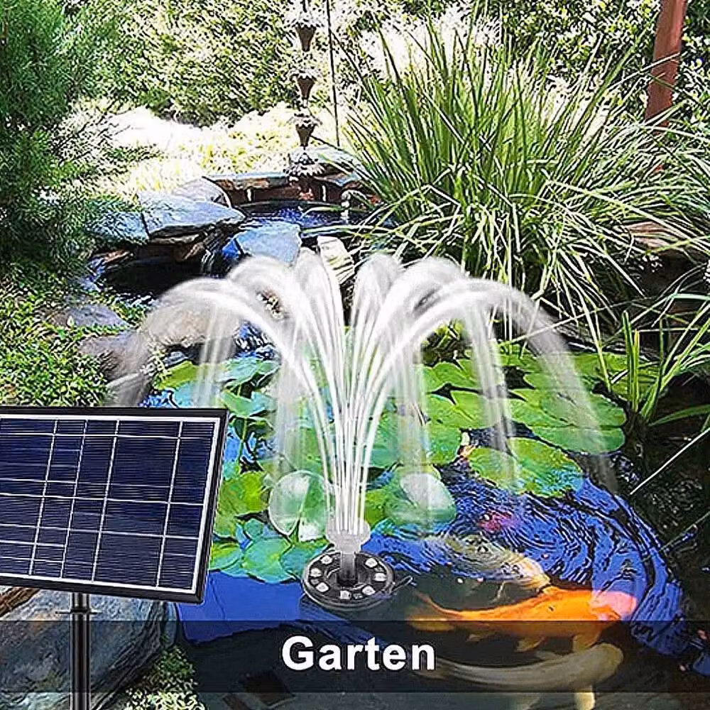NESTLUNE Solar Fountain Pump with 400L/H Flow Rate, 7W Power, Battery Backup and 8 LED Lights in Black – 5