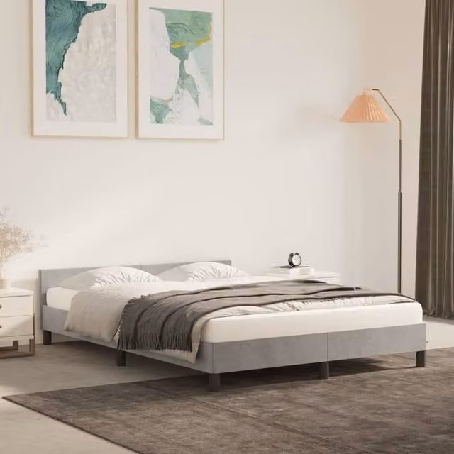 Berkfield Home Upholstered Velvet Bed Frame with Headboard in Light Grey, W: 135 cm, L: 190 cm