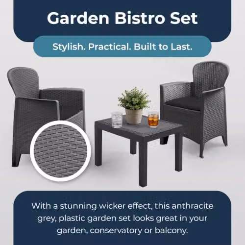 idooka 3 Piece Rattan Wicker Effect Bistro Set in Anthracite Grey, including Square Coffee Table and 2 Chairs for Garden, Balcony or Terrace – 2
