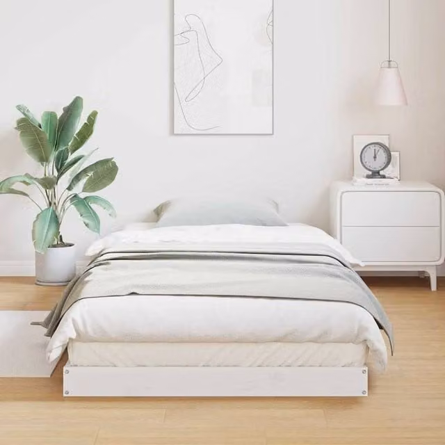 Berkfield Home White Solid Pine Wood Floor Bed Frame W: 100 cm, L: 220 cm