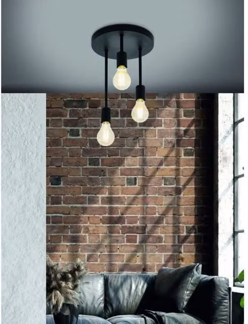 Eglo Wilmcote Industrial Black Metal Suspended Ceiling Light with E27 Exposed Bulbs