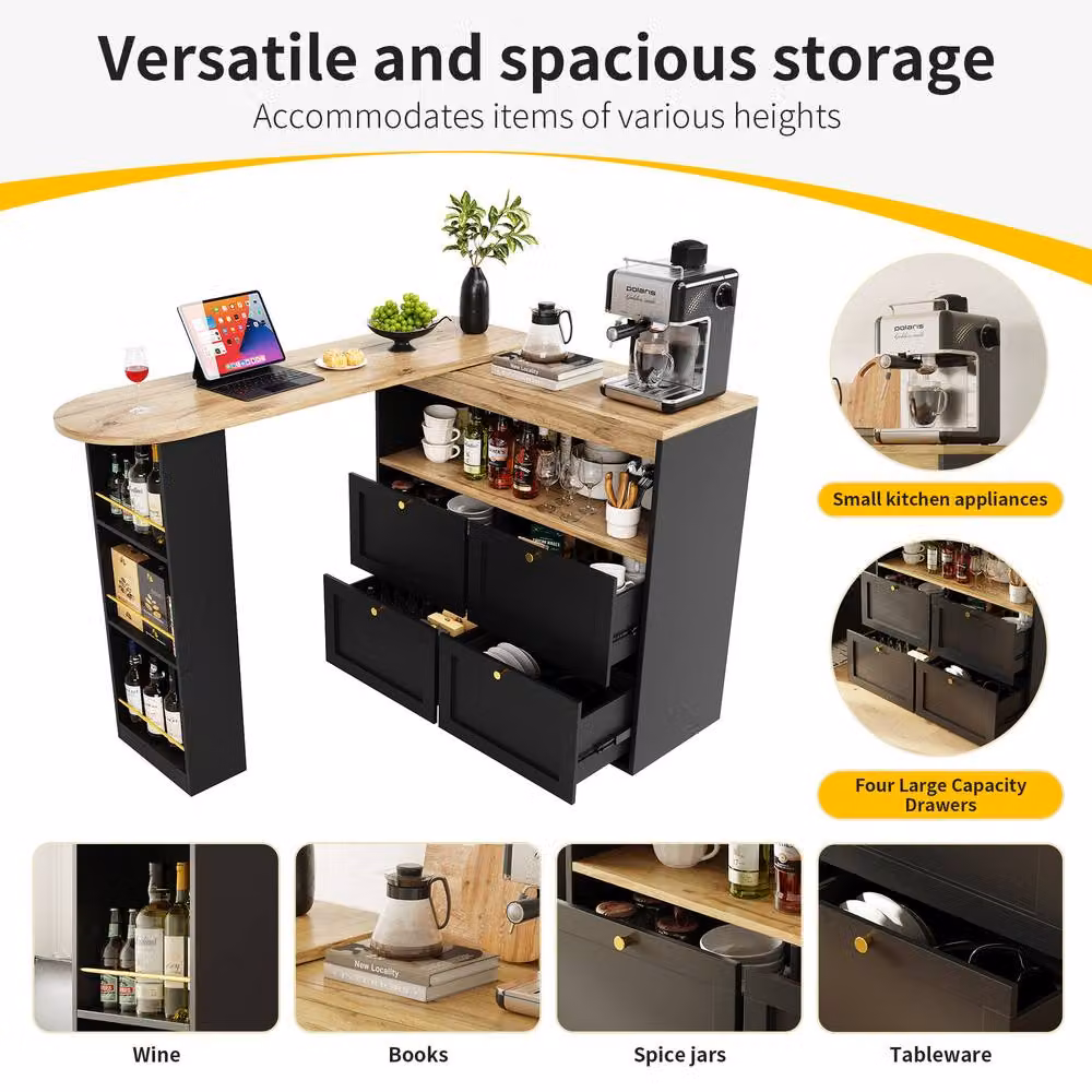 Rolipo 360 Swivel L-Shaped Bar Table with 4 Drawers and Open Shelves in Black and Gold – 5