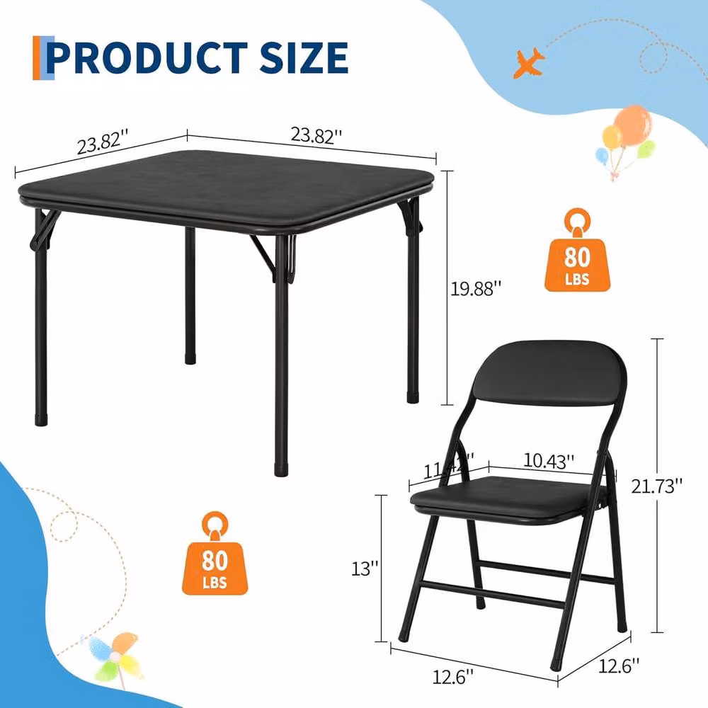 London Boutique 5-Piece Kids Folding Dining Table and 4 Upholstered Chairs Set in Black – 3