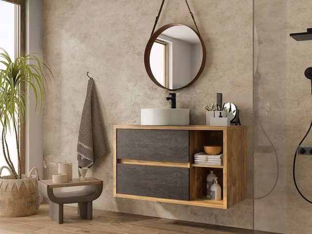 Vente-unique Wall-Mounted Bathroom Unit with Round Basin in Light Oak and White – 1
