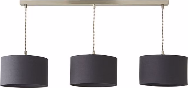 ValueLights Shaw 3 Drop Bar Ceiling Pendant Light with Grey Fabric Drum Shades and Chrome Metal Finish