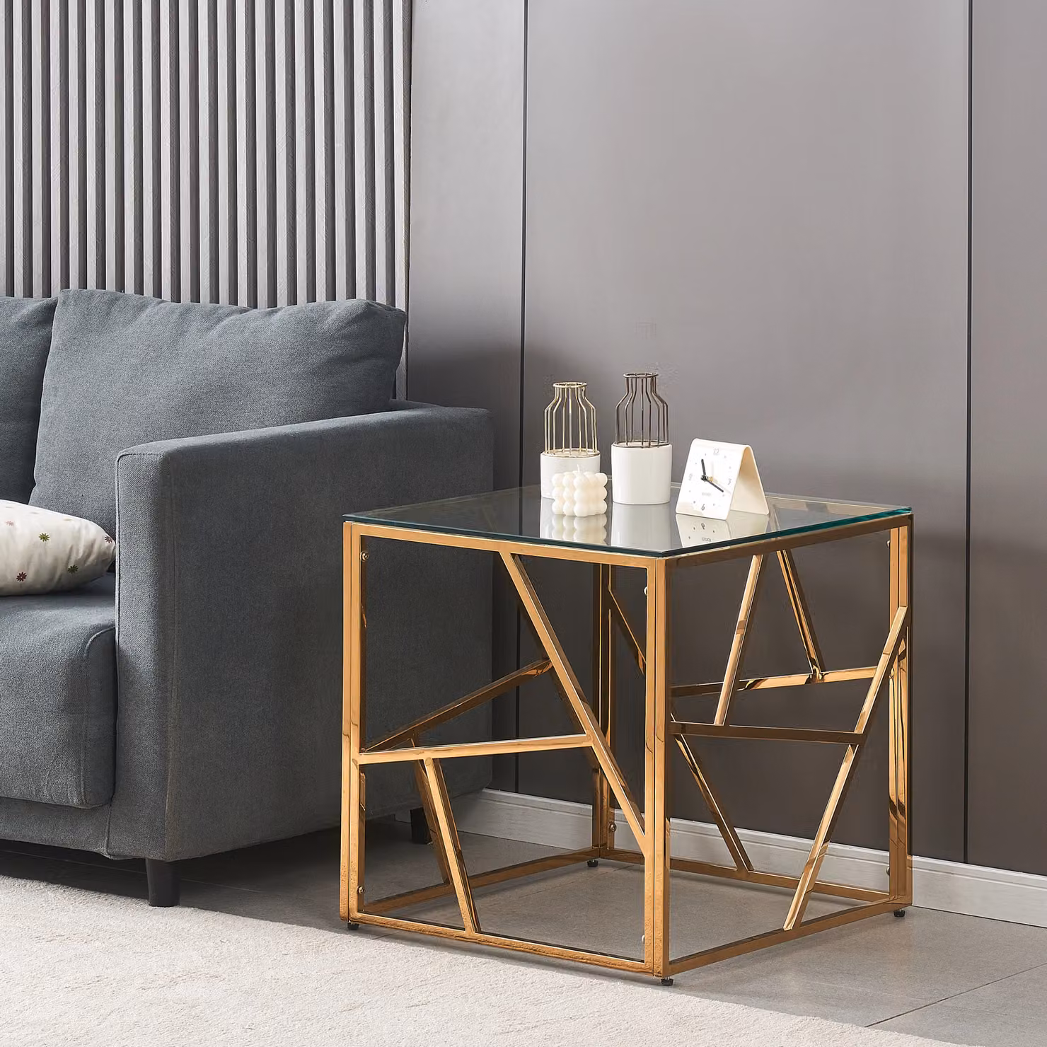 Comfy Living Ltd Gold Metal and Glass Square Geometric End Table – 4