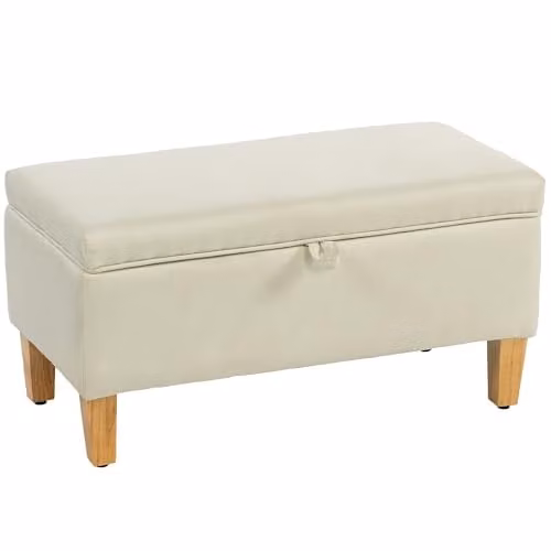 HOMCOM Beige Linen Storage Ottoman with Padded Top and Rubberwood Legs – 1