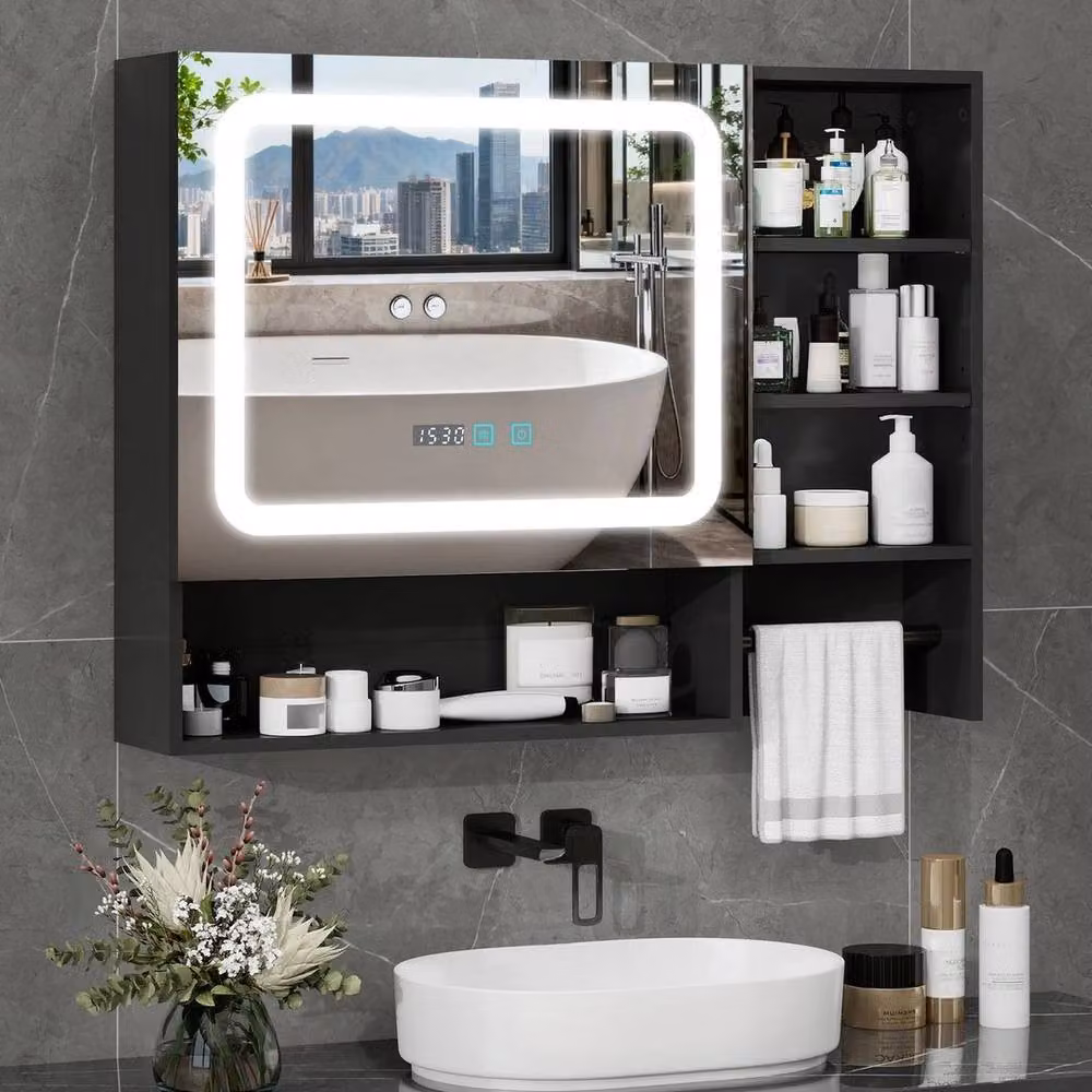 FORGEVIO Modern Black Wall-Mounted Bathroom Mirror Cabinet with Integrated LED Lighting and Glass Hinged Doors – 6