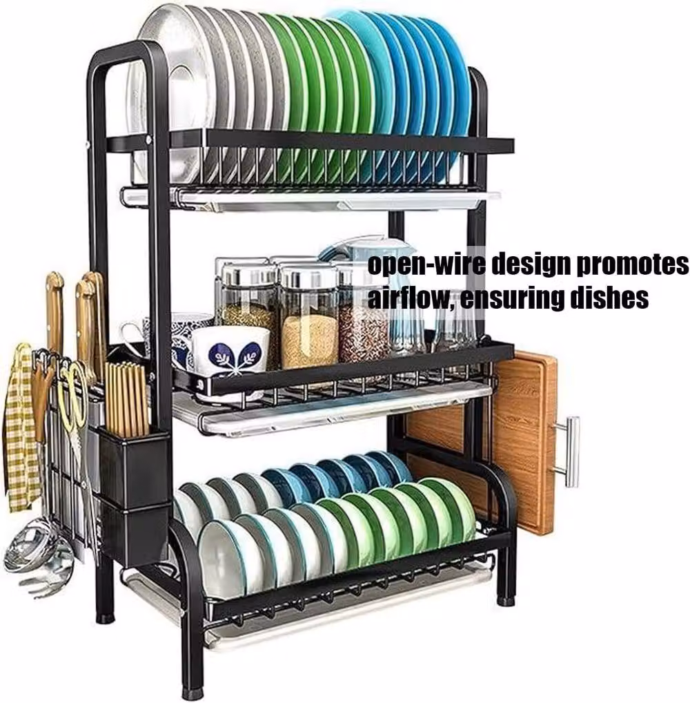 simplehuman Stainless Steel 3 Tier Dish Drainer Rack with Drip Tray and Cutlery Holder in Black or White – 7
