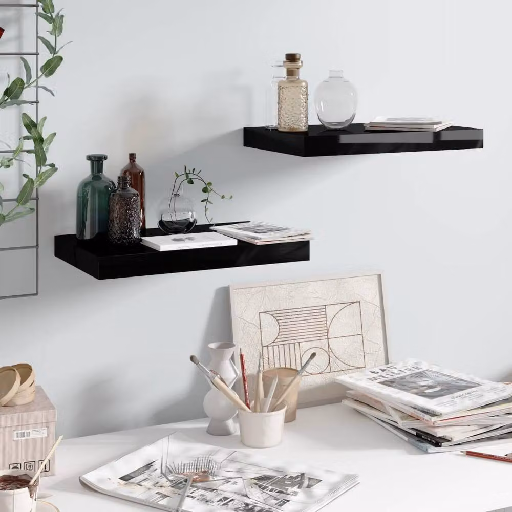 Berkfield Home Set of 2 High Gloss Black Floating Wall Shelves, W/D/H: 40 x 23 x 3.8 cm – 2