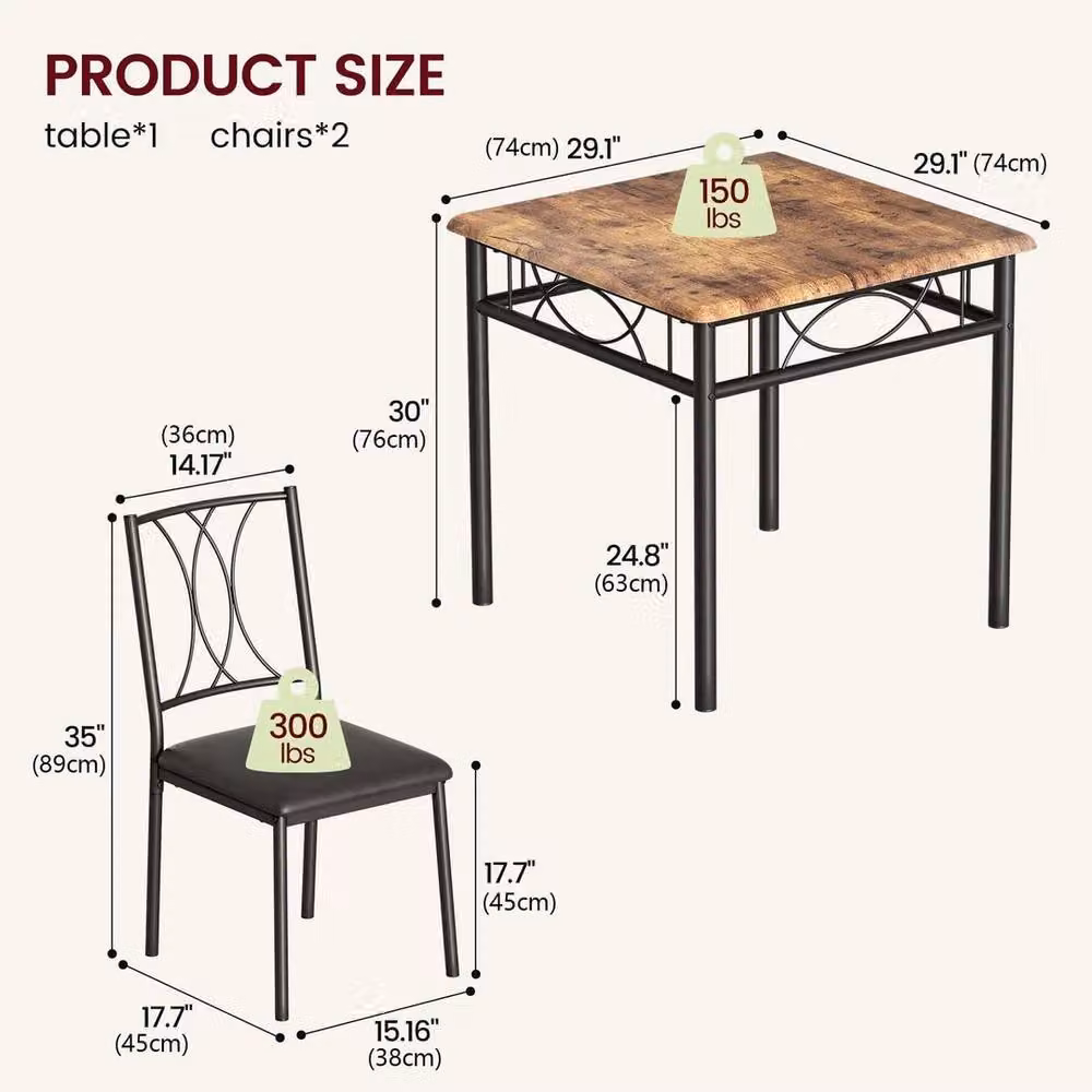 VOGREX 3 Piece Industrial Dining Set with Square Metal Table and 2 Chairs in Brown – 2
