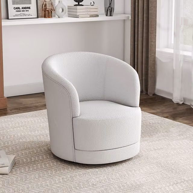 Livingandhome White Faux Fur Tub Swivel Chair with Armrests, Diameter: 80 cm