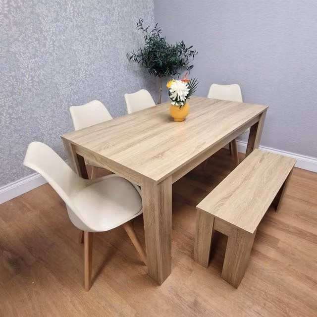 KOSY KOALA Oak Effect Dining Table Set with 4 Chairs and Bench in Brown