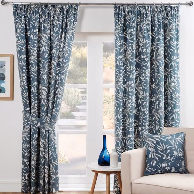 Sundour Aviary Pencil Pleat Taped Curtain Pair in Blue, Floral Pattern, Width: 168 cm, Drop: 183 cm – 1
