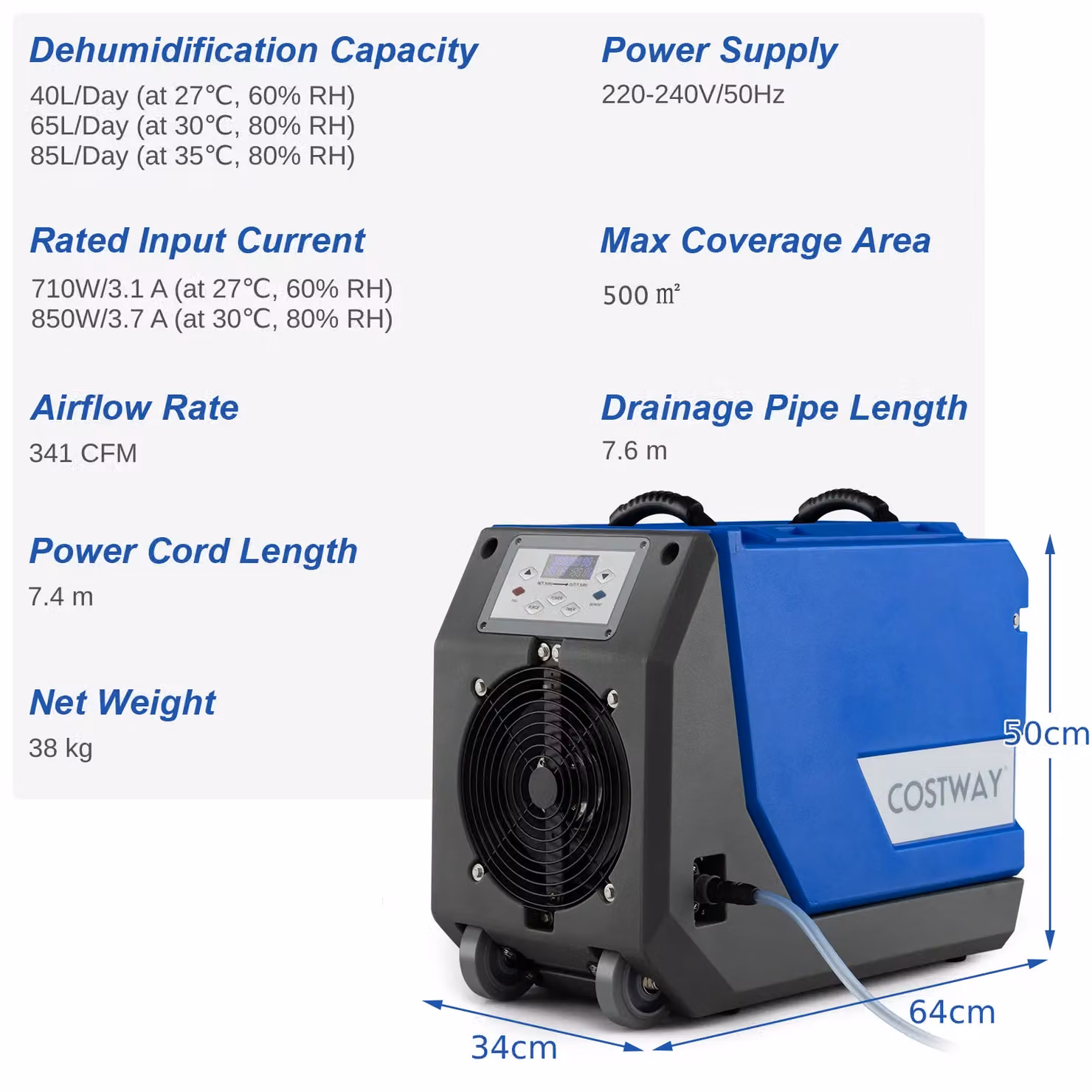 Costway 85L Commercial Industrial Dehumidifier with Pump Drain Hose, Blue – 5