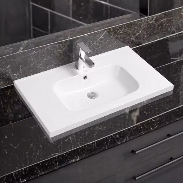 Limoge 5414 White Ceramic Mid-Edge Inset Countertop Basin with Oval Bowl W: 80 cm, D: 45 cm