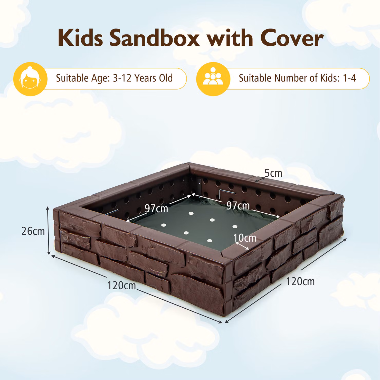 Costway Brown HDPE Kids Square Sandbox, W/D: 120 x 120 cm – 2
