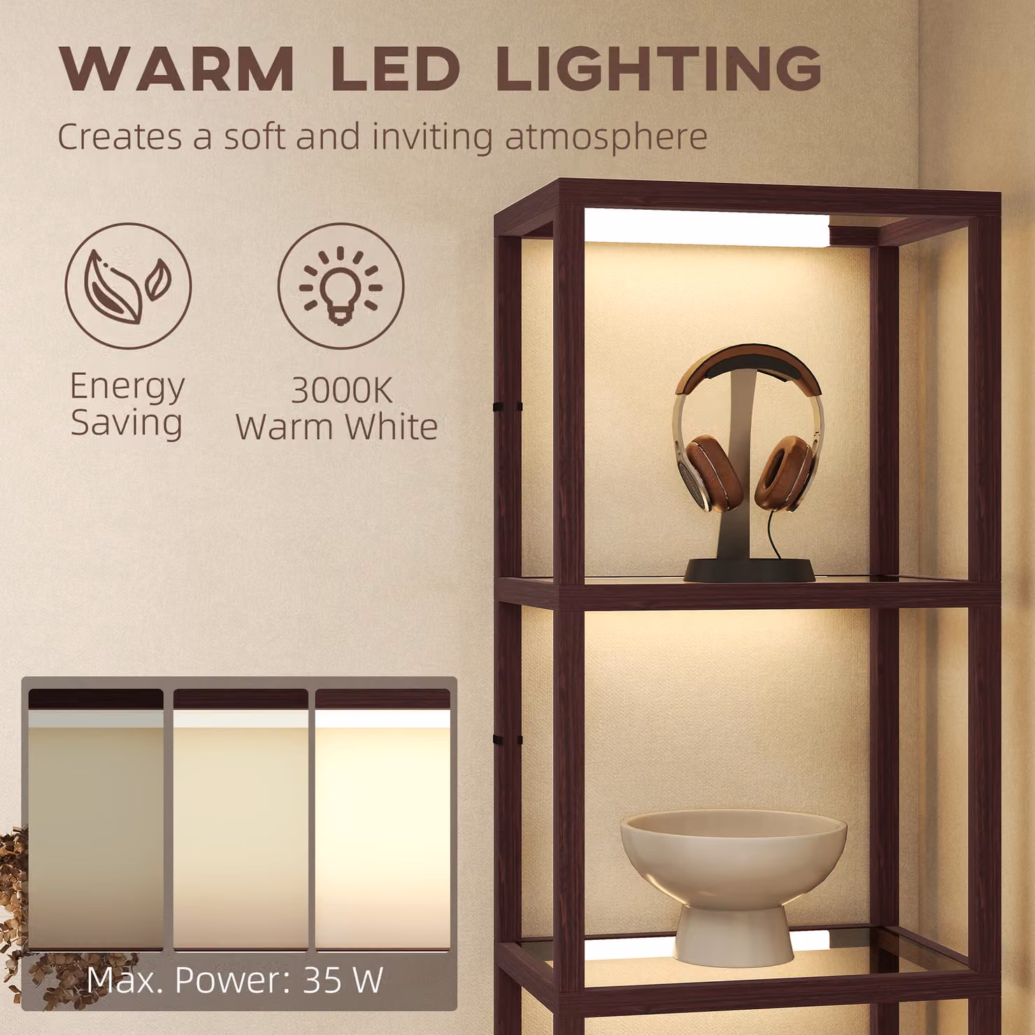 HOMCOM Dimmable LED Floor Lamp with 4 Glass Shelves in Dark Brown – 4