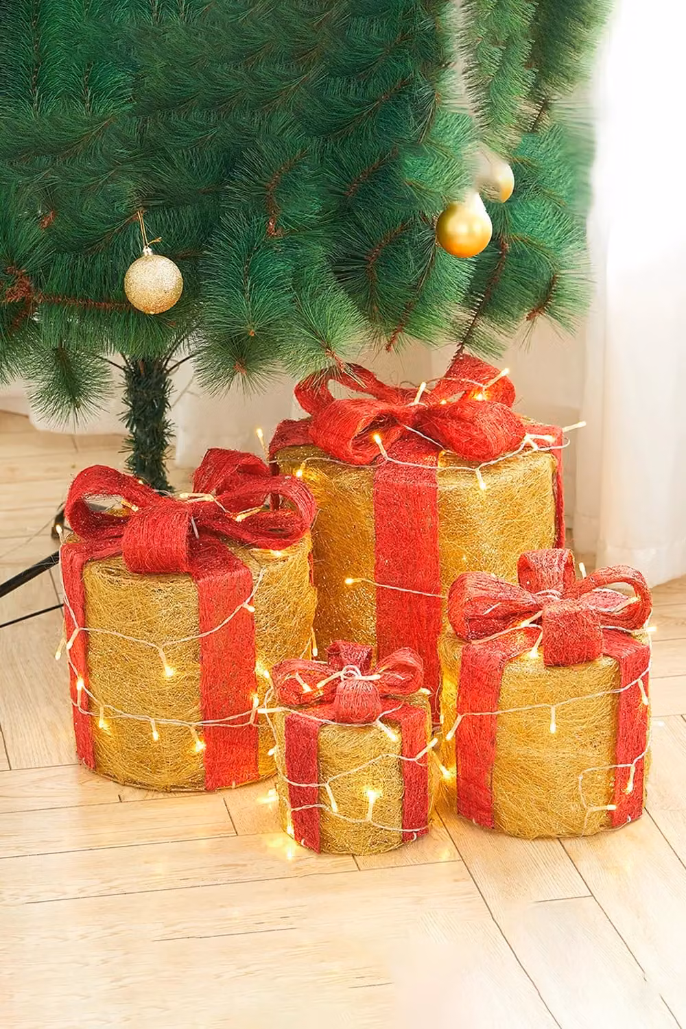 Living and Home 4Pcs Round Gold Christmas Gift Boxes with LED Light Bowknot Decor – 4