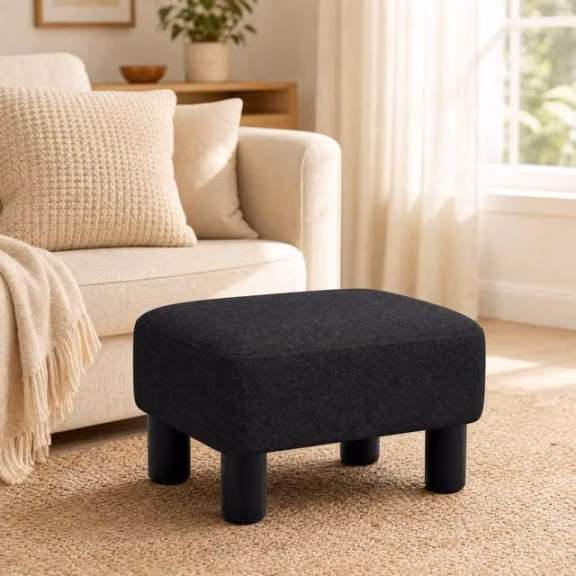 STILVORA Black Linen Upholstered Footstool with Wood Frame – 1
