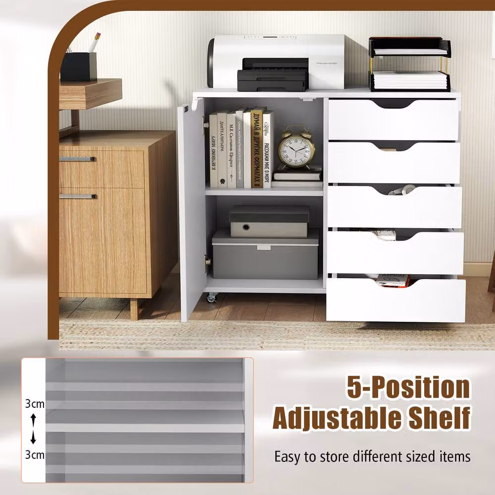 Costway Mobile 5-Drawer Chest with Adjustable Shelf in White – 8