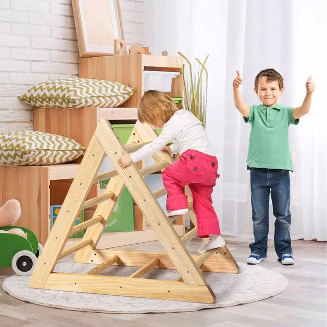 Costway Wooden Climbing Triangle Ladder in Brown