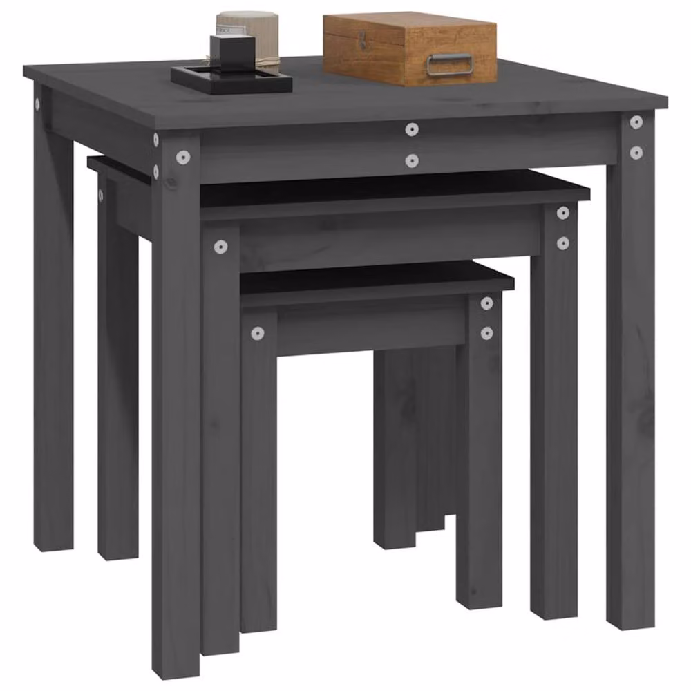 Berkfield Home Set of 3 Nesting Tables in Grey Solid Pine Wood – 3