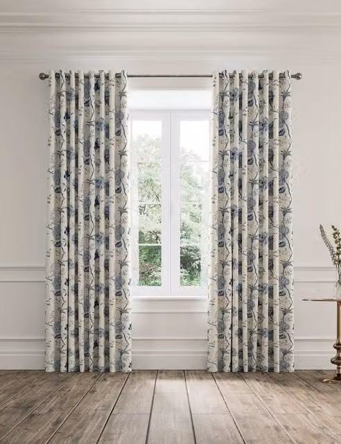 V&A Palampore Trail Blue Mix Floral Cotton Eyelet Curtains, H: 218 cm, W: 137 cm