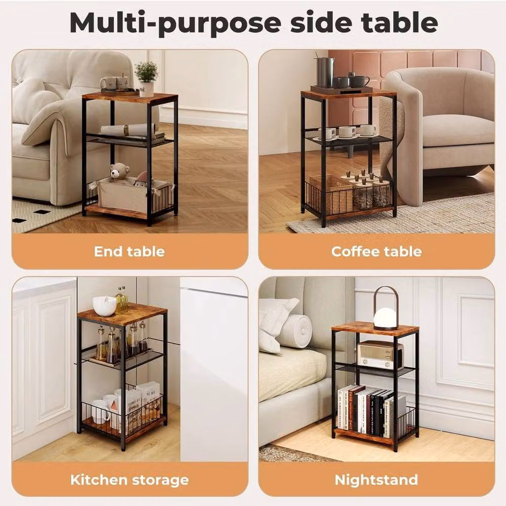 Kelvenix Modern 3-Tier Brown Wood Sofa Side Table with Storage, W/D/H: 100 x 100 x 60 cm – 4