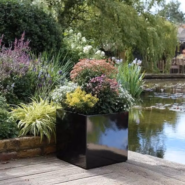 Black Galvanised Steel Square Planter Tub with Woven Wood Detail, Diameter: 40 cm